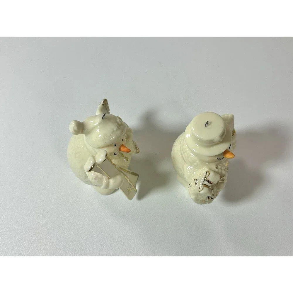 Vtg Porcelain Jade Snowman Ornaments Set Of 2 Ski Broom White Gold Color Accent